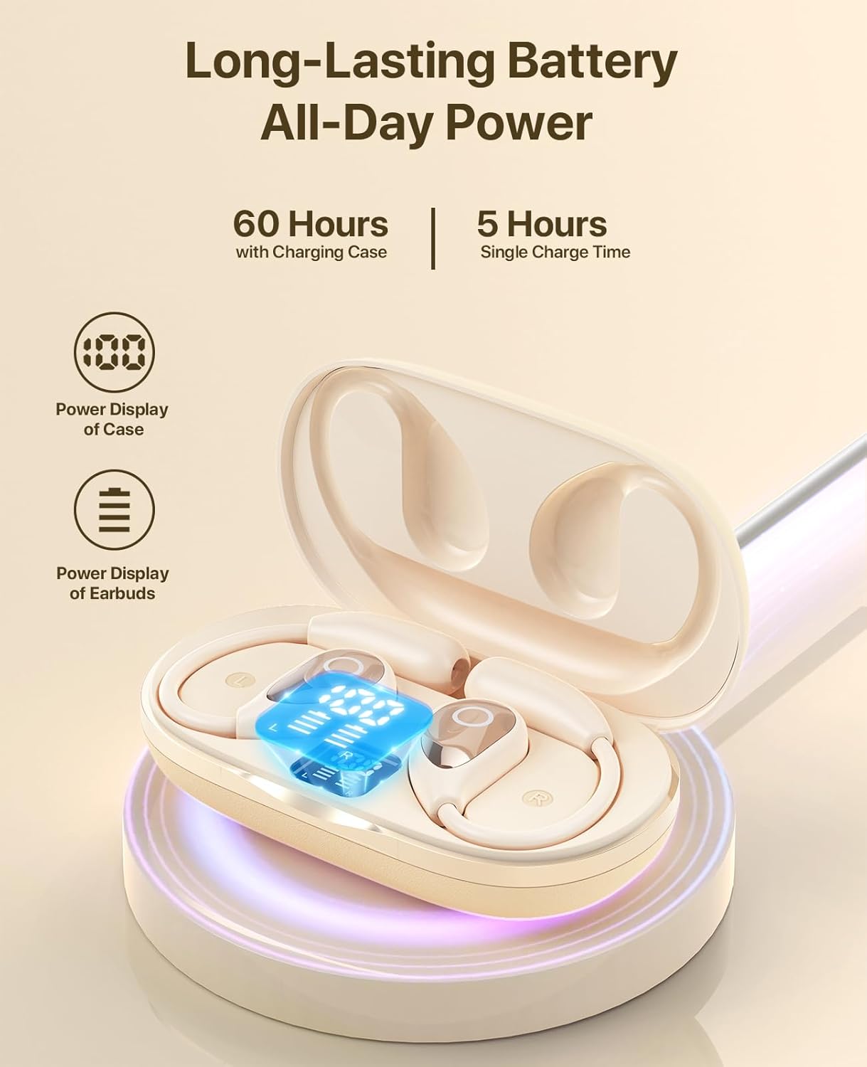 MOTMEX Openear earbuds sports LED battery display White